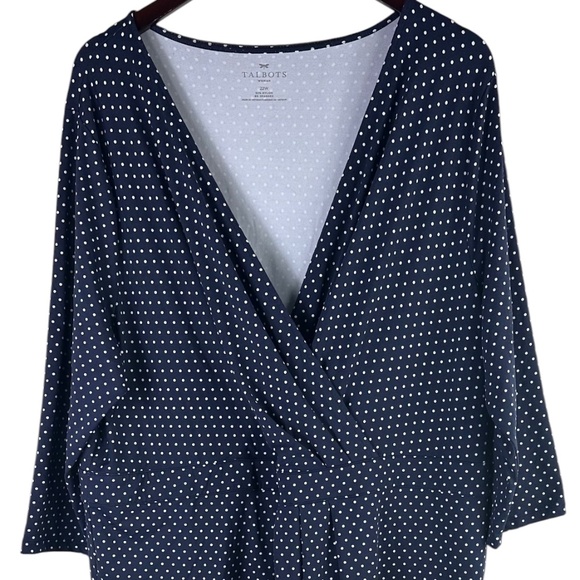 Talbots Faux Wrap Dress Sz 22W 3X Polka Dot Navy Blue V-Neck Slimming Stretch - Picture 2 of 3
